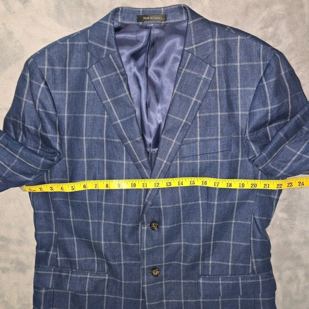 Ralph Lauren 100% Linen Blazer Mens 46L, Blue‎ Windowpane Plaid, 2 Button, Notch